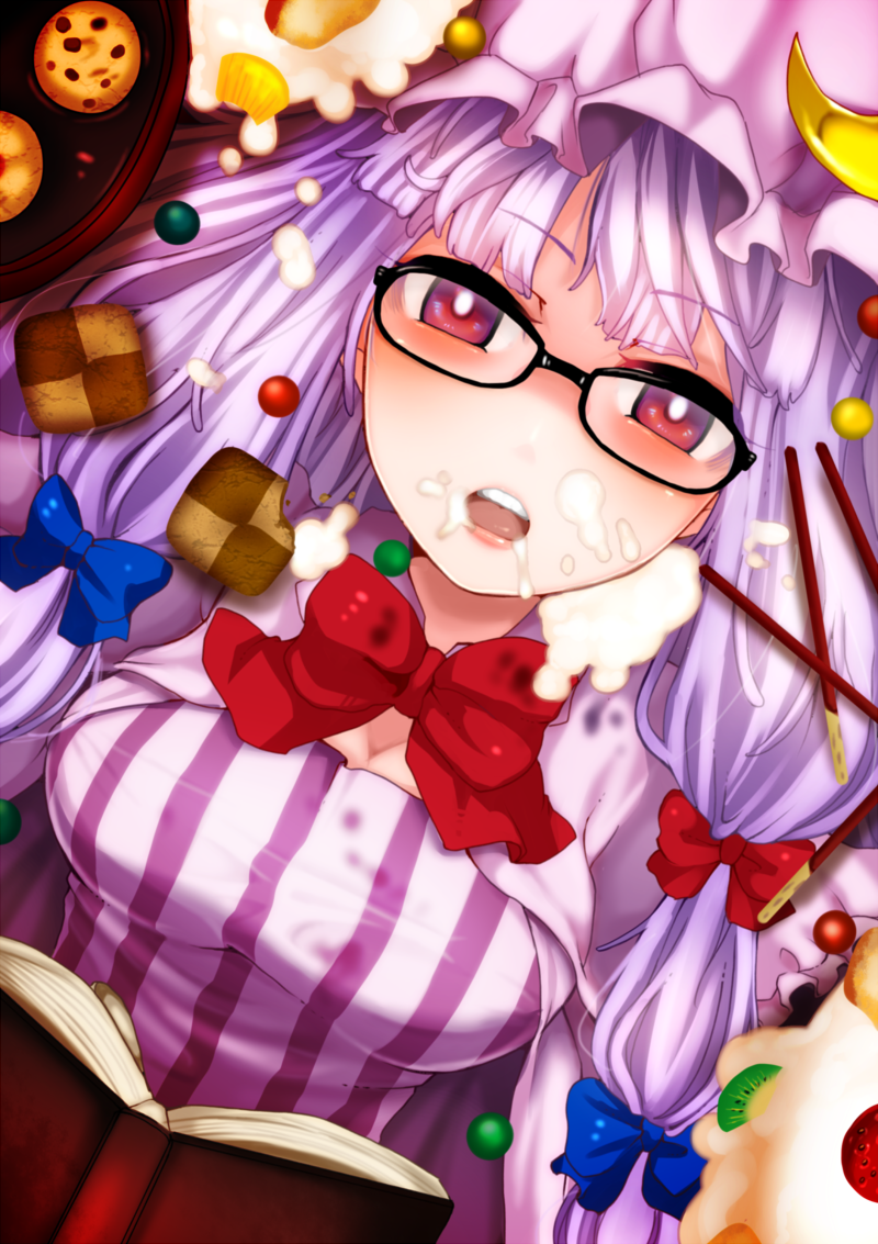 bespectacled book bow checkerboard_cookie cookie food fua_yuu glasses hat long_hair open_mouth patchouli_knowledge pocky purple_hair red_eyes solo suggestive_fluid touhou