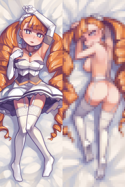 1girl aq_interactive arcana_heart arcana_heart_2 arcana_heart_3 ass atlus blush breasts censored cleavage dakimakura drill_hair earrings eric_muentes examu garter_straps jewelry large_breasts lying mosaic_censoring naked_thighhighs necklace nipples nude on_back on_stomach open_mouth orange_hair panties petra_johanna_lagerkvist solo thighhighs twin_drills twintails underwear white_eyes white_panties