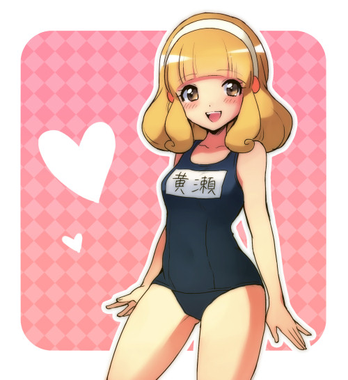 :d bad_id bad_pixiv_id blonde_hair blush hairband heart kise_yayoi looking_at_viewer name_tag one-piece_swimsuit open_mouth precure school_swimsuit short_hair smile smile_precure! solo swimsuit white_hairband yellow_eyes zagu_(grape_garden)