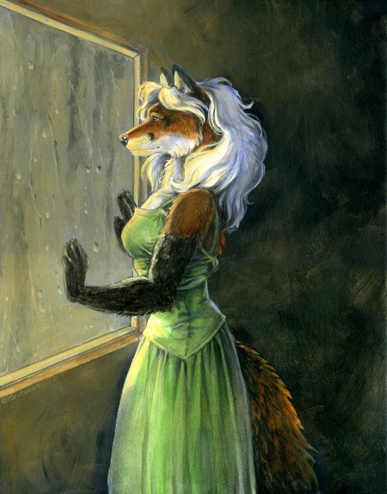 dress female fox gloomy heather_bruton indoor mammal raining solo window