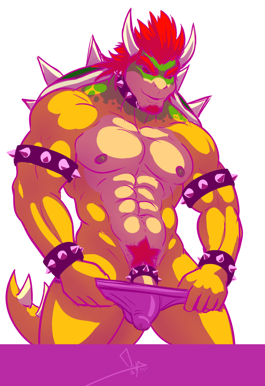 abs armor balls beard bgn biceps bowser bulge clothed clothing cock_ring collar crossdressing facial_hair hair half-dressed horn huge_muscles koopa male mario_bros muscles nintendo nipples nude pecs penis pose presenting red_eyes red_hair reptile scalie seductive shell showing_off smile solo spikes thong topless turtle underwear video_games