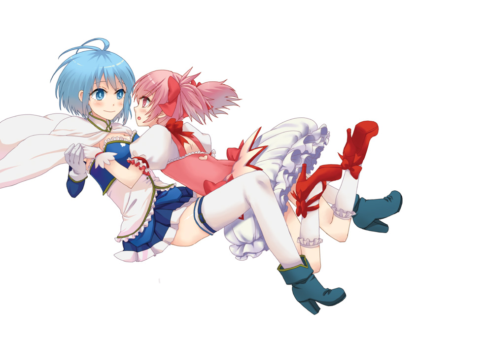 blue_eyes blue_hair bow cape dress eye_contact gloves hair_bow holding_hands kaname_madoka looking_at_another magical_girl mahou_shoujo_madoka_magica miki_sayaka multiple_girls pink_eyes pink_hair short_twintails simple_background thighhighs twintails white_background yumyy_iura zettai_ryouiki