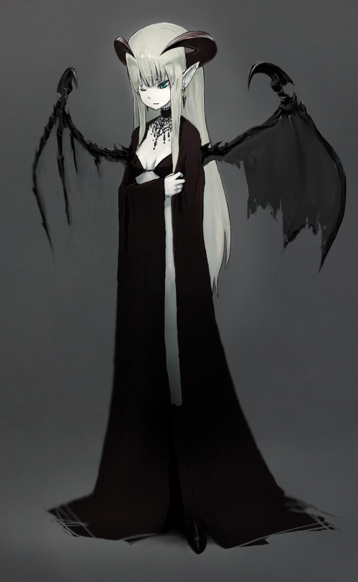 bat_wings blue_eyes cape demon_girl earrings grey_background highres horns jewelry long_hair necklace one_eye_closed original pointy_ears simple_background solo toi_(number8) white_hair wings