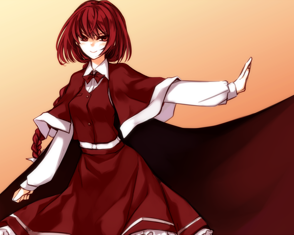 &gt;:) bow braid cape capelet long_braid long_hair long_sleeves okazaki_yumemi outstretched_arm red_capelet red_eyes red_hair shiren_(monochrome_structure) simple_background single_braid smile solo touhou touhou_(pc-98) v-shaped_eyebrows very_long_hair vest