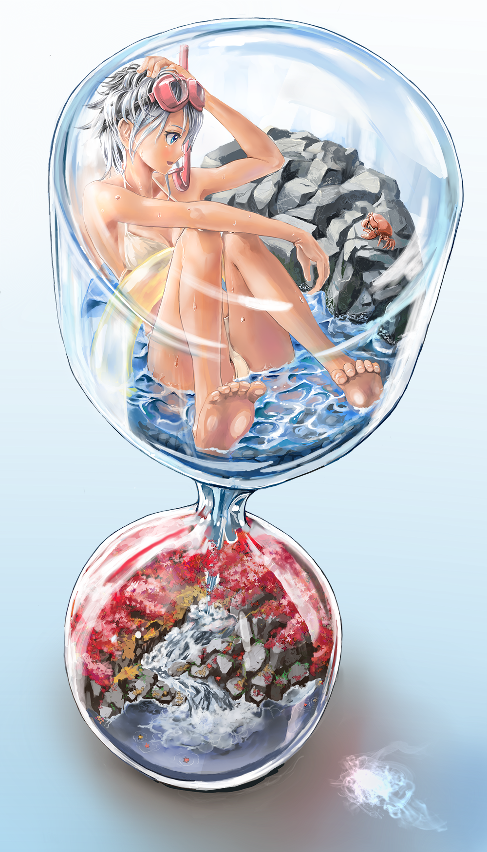 autumn_leaves barefoot bikini blue_eyes crab feet goggles goggles_on_head hand_on_own_head highres hourglass in_container innertube original short_hair silver_hair snorkel solo surreal swimsuit tetrapod_(youhei_1985) water waterfall wet