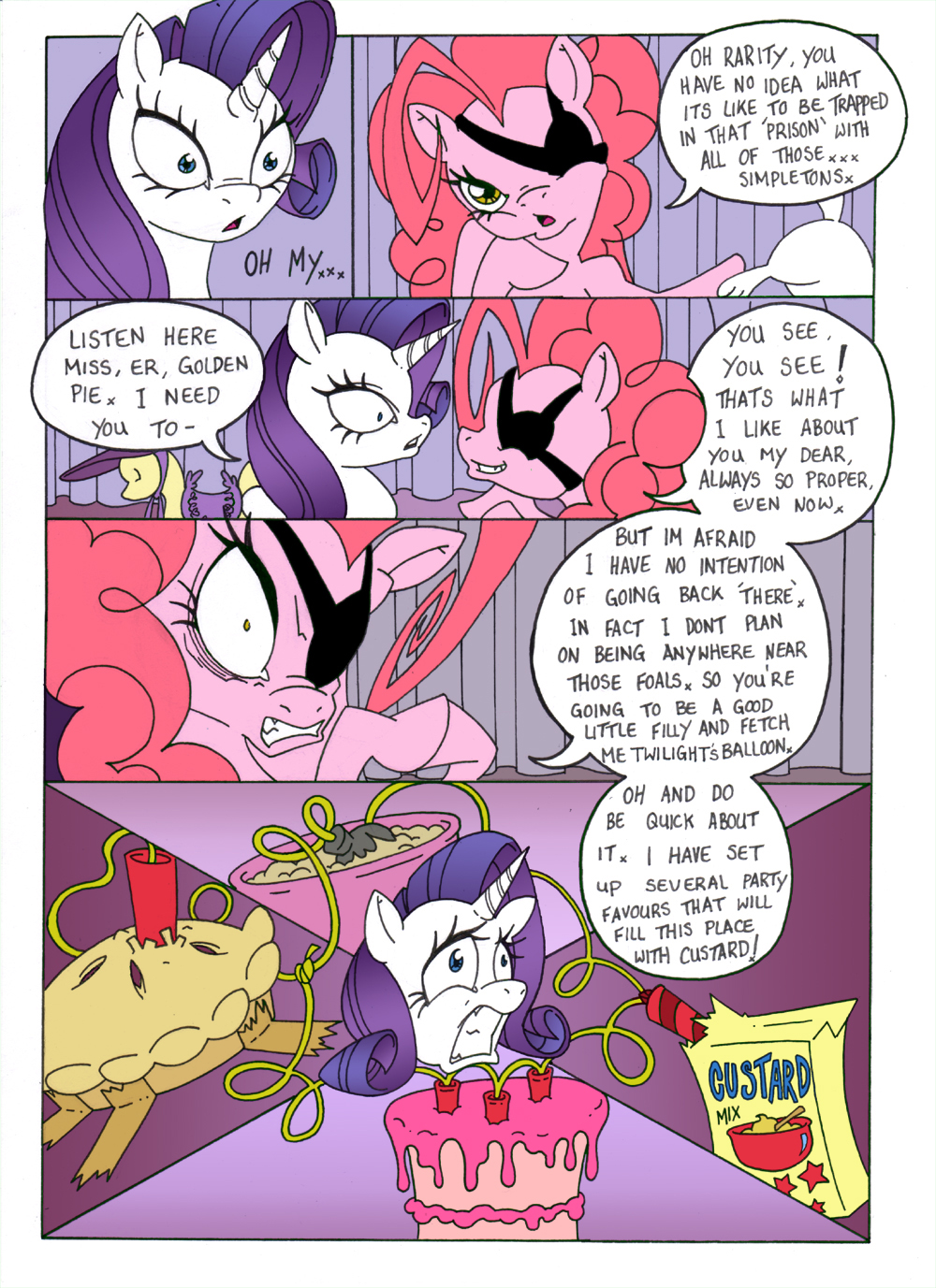 cake color comic cutie_mark dialog dialogue english_text equine eye_patch eyewear female feral food friendship_is_magic horn horse mammal mohawkrex my_little_pony pie pinkie_pie_(mlp) pony rarity_(mlp) text unicorn whysoseriouss
