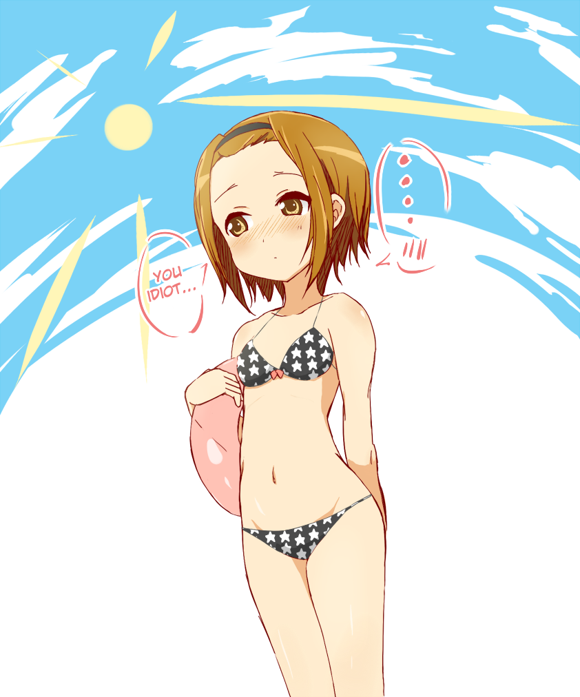 agenasu bikini blush brown_eyes brown_hair hairband hard_translated k-on! short_hair swimsuit tainaka_ritsu translated