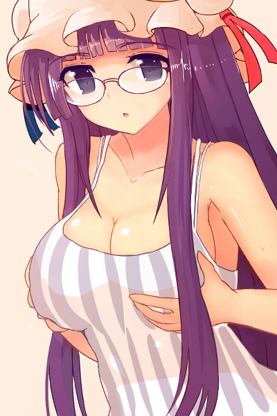 bad_id bad_pixiv_id bespectacled breast_hold breasts camisole glasses grabbing_own_breast hat large_breasts long_hair open_mouth patchouli_knowledge purple_eyes purple_hair solo touhou yodori