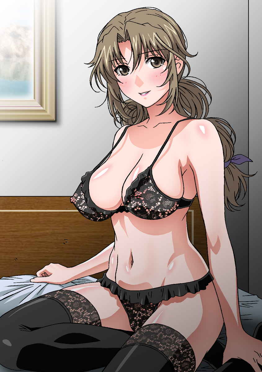 arm_support bangs bare_shoulders bed bed_sheet black_bra black_legwear black_panties blush bra breasts brown_eyes brown_hair erect_nipples frilled_panties frills hair_ribbon highres lace lace-trimmed_thighhighs lace_bra lace_panties large_breasts lingerie lipstick long_hair makeup navel nipples ootani_momoko panties parted_bangs payot photo_(object) photokano picture ponytail ribbon rudoni see-through sidelocks sitting smile solo thighhighs underwear underwear_only yokozuwari