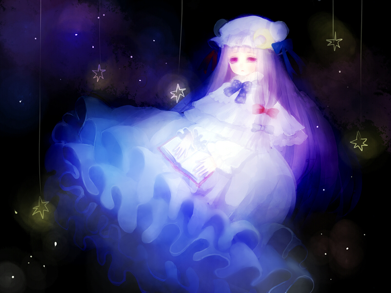 bad_id bad_pixiv_id book bow bowtie capelet dress frilled_dress frills glowing hair_ribbon lavender_hair long_hair long_sleeves open_book patchouli_knowledge purple purple_eyes purple_hair ribbon solo star touhou tress_ribbon xxxcygne