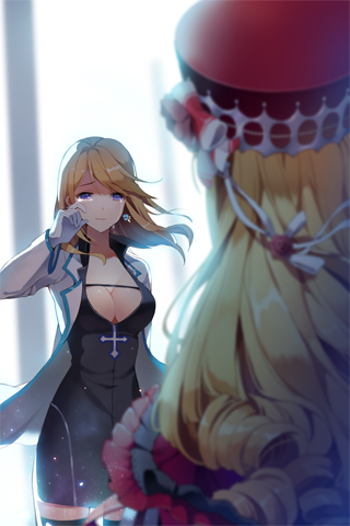 black_legwear blonde_hair breasts cinia_pacifica cleavage cross crying crying_with_eyes_open dress drill_hair earrings frilled_dress frills gilse gloves hat jacket jewelry large_breasts long_hair lowres multiple_girls purple_eyes rose_pacifica siblings sisters smile sword_girls tears thighhighs very_long_hair wiping_tears