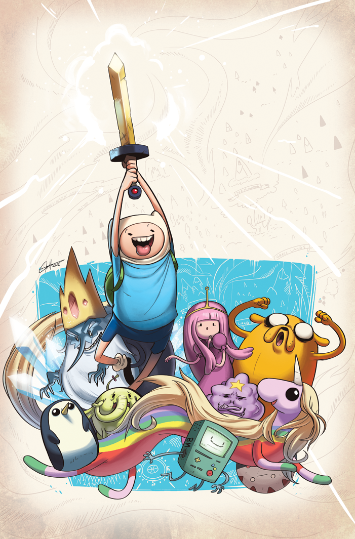 2boys adventure_time bmo cover cover_page finn_the_human gunter ice_king jake_the_dog lady_rainicorn long_hair lumpy_space_princess multiple_boys official_art peppermint_butler pink_hair princess_bonnibel_bubblegum signature sword tree_trunks tyson_hesse weapon