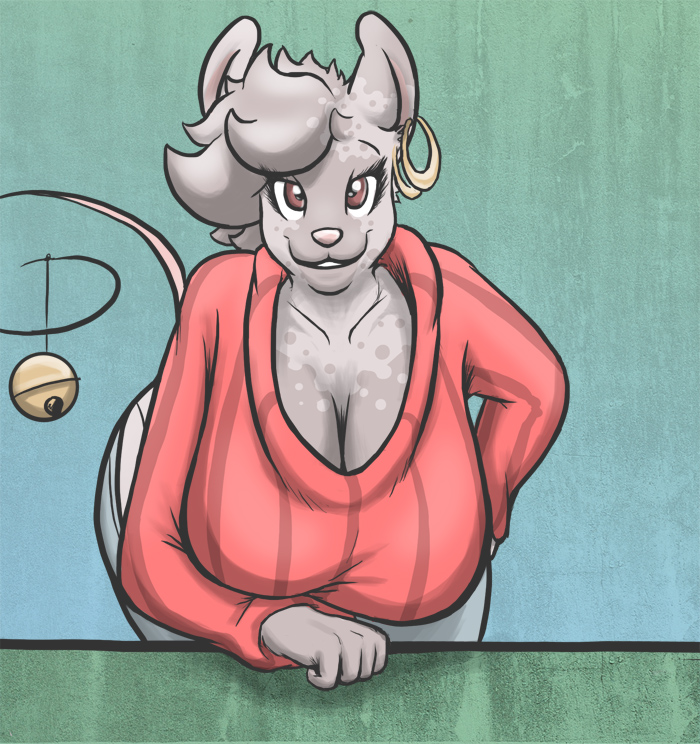 big_breasts breasts brown_eyes cleavage clothed clothing ear_piercing female grey_hair hair looking_at_viewer mammal mouse pepper pepper_(character) piercing rat ritts rodent sweater