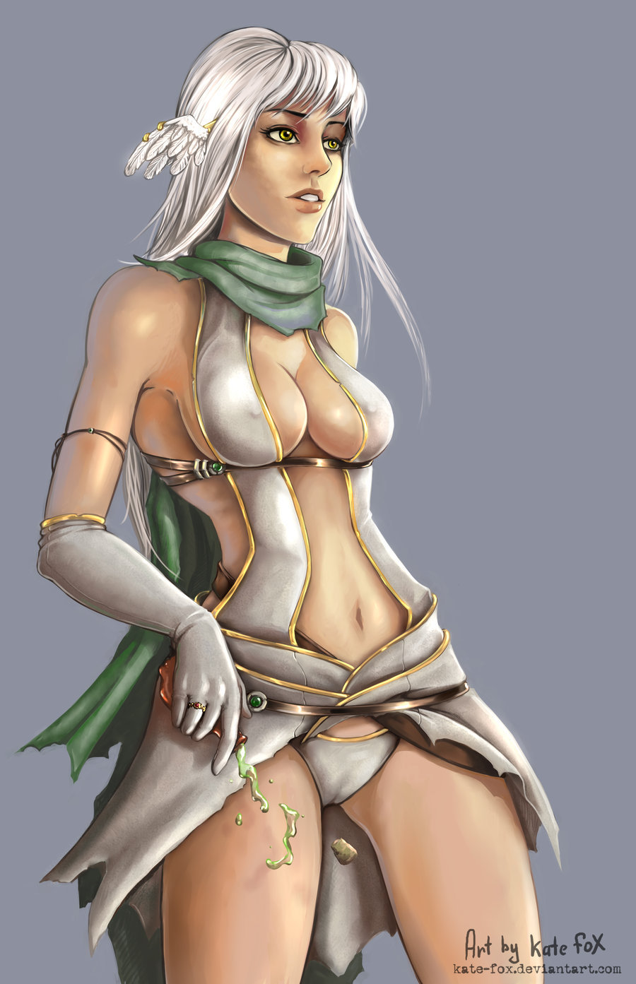 assassin_cross bottle breasts cameltoe cleavage cork covered_nipples elbow_gloves eyebrows eyelashes gloves grey_background head_wings highres jewelry kate-fox lips liquid long_hair medium_breasts navel panties parted_lips ragnarok_online ring scarf silver_hair simple_background solo spilling thighs torn_clothes underwear watermark web_address white_panties yellow_eyes