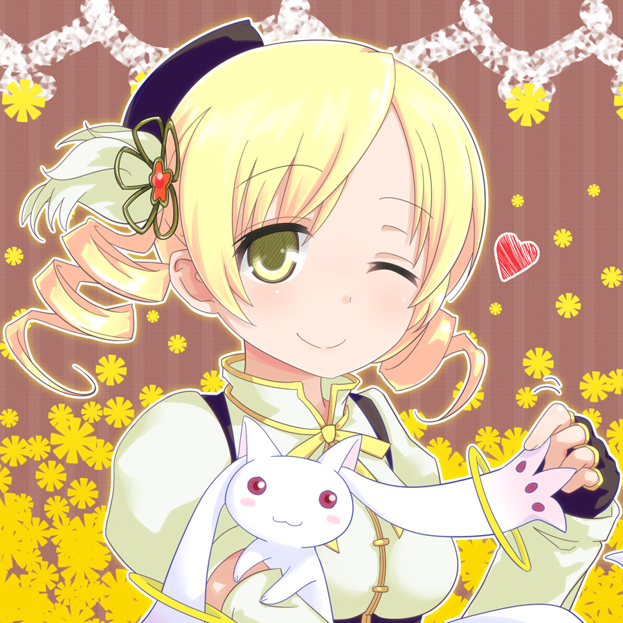 :3 blonde_hair blush_stickers drill_hair fingerless_gloves gloves hair_ornament hat heart kurabayashi_aya kyubey mahou_shoujo_madoka_magica one_eye_closed red_eyes tomoe_mami twin_drills twintails yellow_eyes