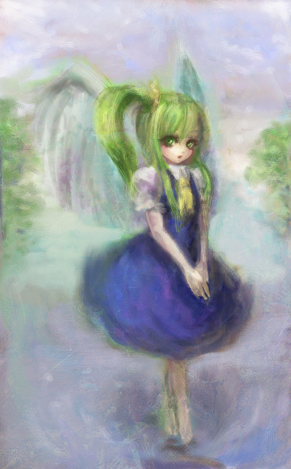 :o barefoot blue_dress daiyousei dress floating full_body green_eyes green_hair hiepita_(1014) highres long_hair puffy_short_sleeves puffy_sleeves short_sleeves side_ponytail solo touhou v_arms wings