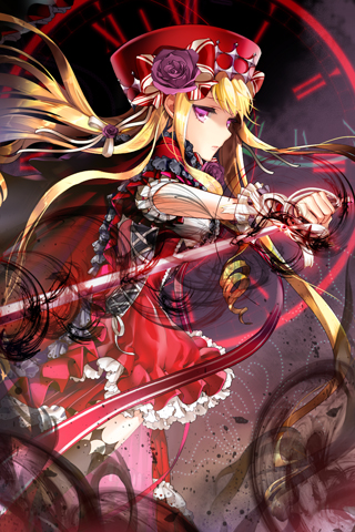 blonde_hair bow cinia_pacifica clock cocoon_(loveririn) dress expressionless flower frilled_dress frills hat holding layered_dress long_hair lowres pink_eyes ribbon roman_numerals rose solo sword sword_girls weapon wrist_cuffs