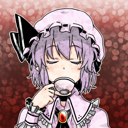 bad_id bad_pixiv_id closed_eyes cup drinking face hat hat_ribbon jewelry lowres maita pointy_ears purple_hair remilia_scarlet ribbon solo teacup touhou wrist_cuffs