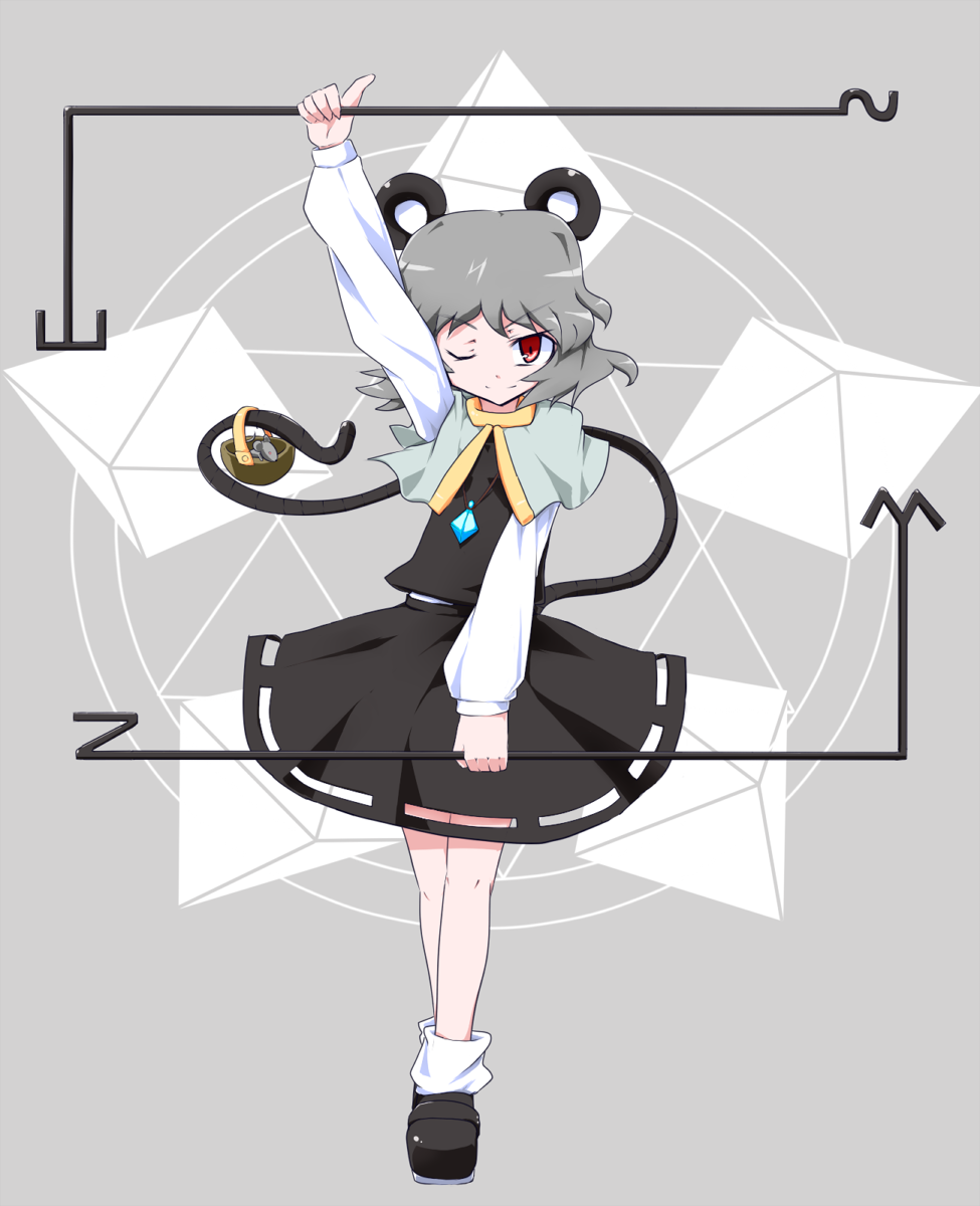 aho animal animal_ears basket capelet dowsing_rod dual_wielding grey_hair highres holding jewelry long_sleeves mouse mouse_ears nazrin one_eye_closed pendant puffy_sleeves red_eyes short_hair smile solo touhou