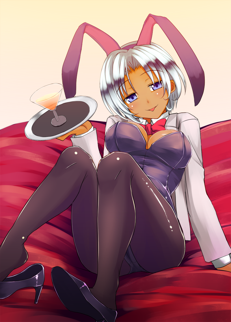 ass black_legwear bow breasts bunnysuit cleavage cocktail dark_skin high_heels iwanori jacket large_breasts open_clothes open_jacket original pantyhose purple_eyes shoe_dangle shoes short_hair silver_hair sitting smile solo tongue tongue_out tray