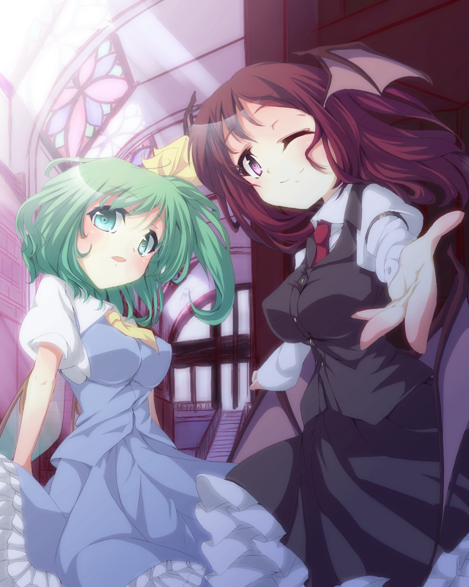 aqua_eyes arm_strap bad_hands daiyousei demon_wings dress error green_hair head_wings highres impossible_clothes impossible_dress impossible_vest indoors juliet_sleeves koakuma long_skirt long_sleeves multiple_girls necktie one_eye_closed open_mouth outstretched_hand puffy_short_sleeves puffy_sleeves purple_eyes red_hair sawara_(starligtvision) short_sleeves side_ponytail skirt skirt_set stained_glass stairs sunlight touhou vest window wings