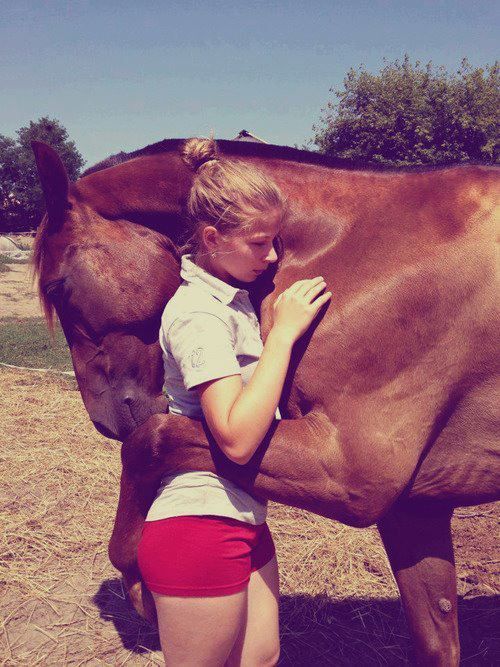 equine female feral horse hug human male mammal photo real straight wide_hips