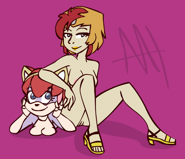 cat duo eto_rangers feline female human mammal not_tag_savvy nude pink_background plain_background polly_easter polly_esther pussy rainthunder7 samurai_pizza_cats tart