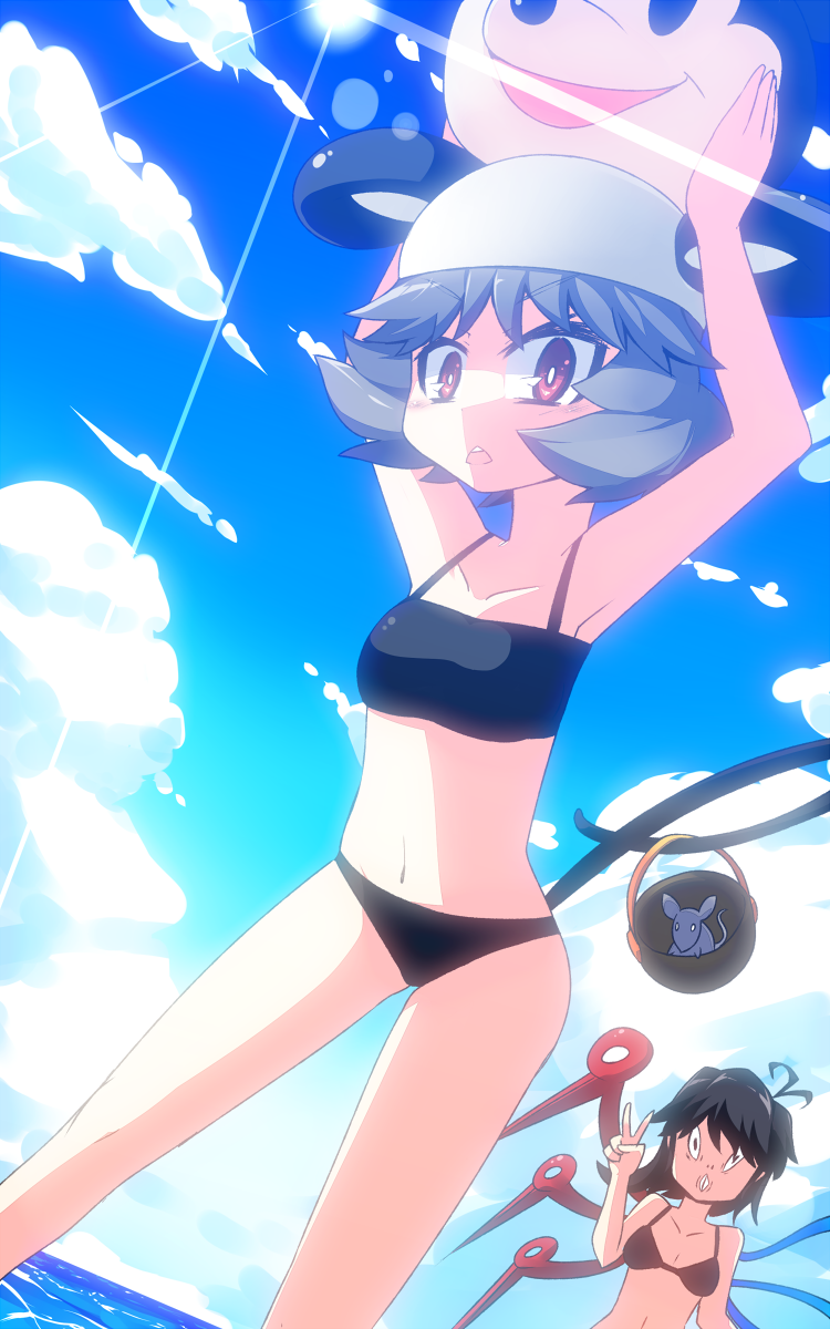 aho animal animal_ears antenna_hair armpits basket beach black_hair cloud collarbone day disney fake_animal_ears grey_hair hat highres houjuu_nue mickey_mouse mouse mouse_tail multiple_girls navel nazrin open_mouth outdoors red_eyes short_hair sky sun swimsuit tail touhou v