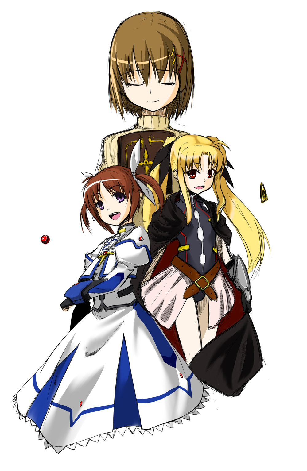 armor bardiche belt blonde_hair book brown_hair buckle cape closed_eyes dress fate_testarossa fingerless_gloves gloves hair_ribbon highres long_hair lyrical_nanoha mahou_shoujo_lyrical_nanoha mahou_shoujo_lyrical_nanoha_a's mahou_shoujo_lyrical_nanoha_the_movie_2nd_a's multiple_girls nanotsuki open_mouth puffy_sleeves purple_eyes raising_heart red_eyes ribbon short_hair short_twintails sketch skirt smile sweater takamachi_nanoha tome_of_the_night_sky twintails white_background yagami_hayate