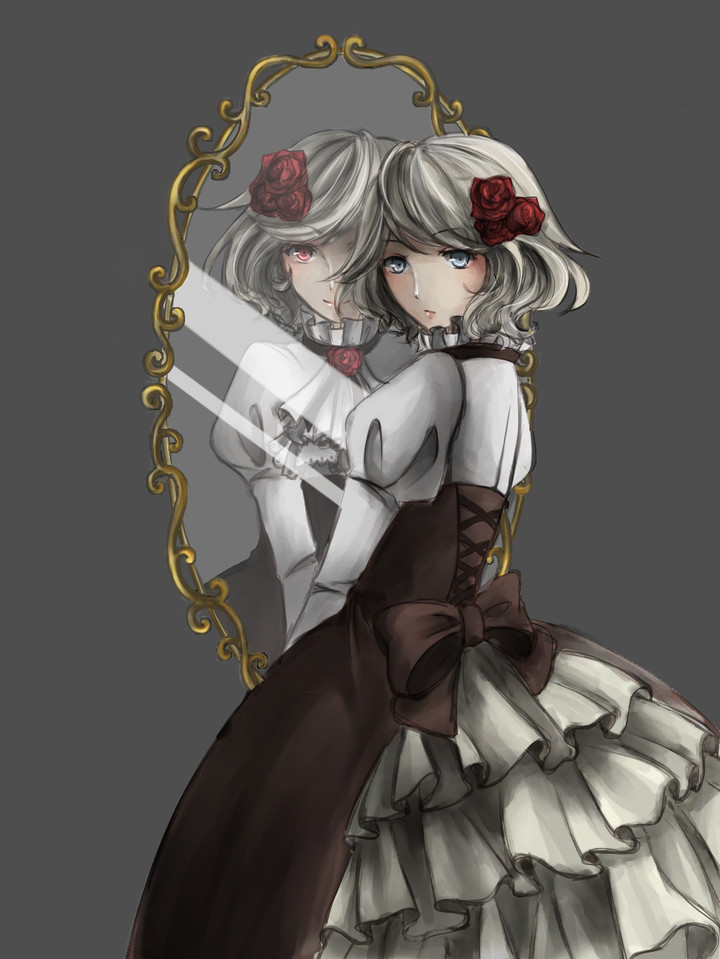 ascot blue_eyes bow corset different_reflection dress flower gown grey_background hair_flower hair_ornament juliet_sleeves long_sleeves looking_at_viewer looking_back mirror original puffy_sleeves red_eyes reflection rose sawara_(starligtvision) short_hair silver_hair simple_background solo