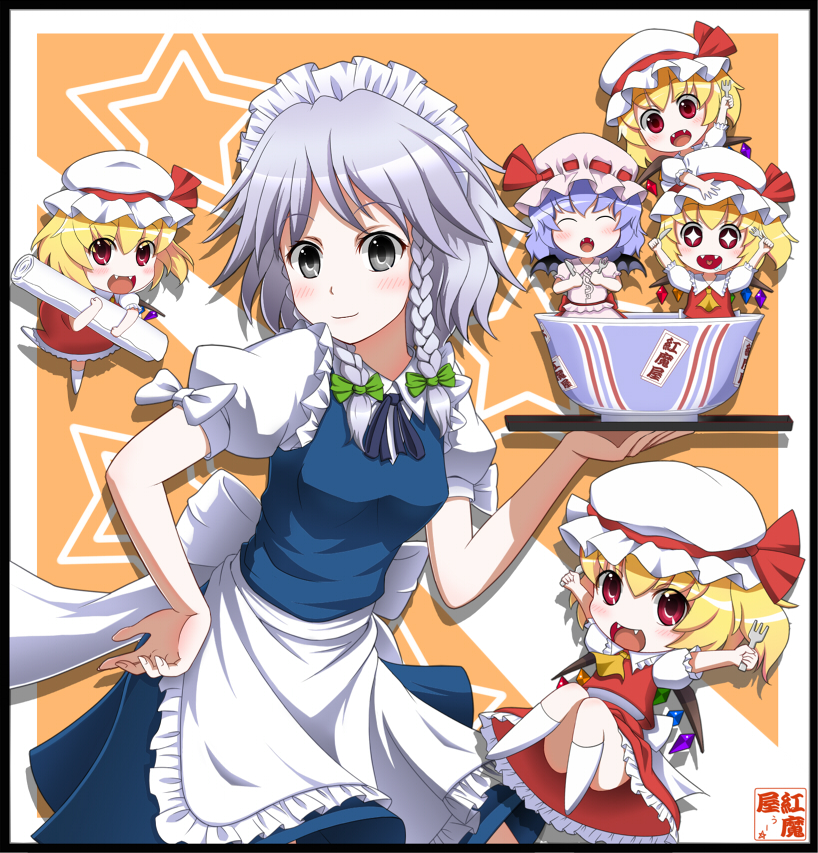 6+girls apron arm_up arms_up ascot blonde_hair blush border bowl braid chibi clone closed_eyes drooling fangs flandre_scarlet fork four_of_a_kind_(touhou) grey_eyes hand_on_hip hat hat_ribbon heart heart_in_mouth in_bowl in_container izayoi_sakuya knife lavender_hair maid maid_headdress minigirl mount_whip multiple_girls open_mouth red_eyes remilia_scarlet ribbon short_hair siblings side_ponytail silver_hair sisters skirt skirt_set smile star touhou tray twin_braids utensil white_legwear wings