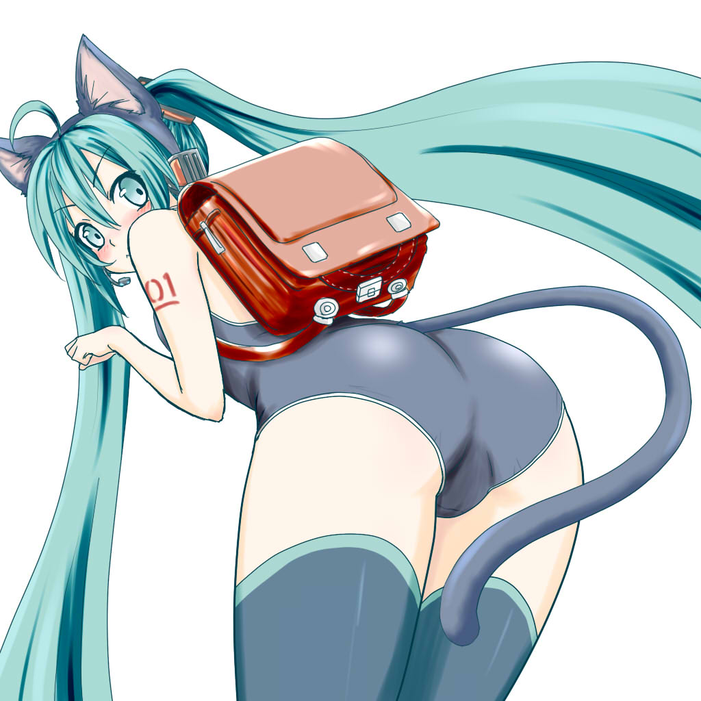 ahoge animal_ears backpack bag blush cat_ears cat_tail fake_animal_ears green_eyes green_hair hatsune_miku headset long_hair looking_back minazuki_itto randoseru simple_background solo swimsuit tail thighhighs twintails very_long_hair vocaloid white_background