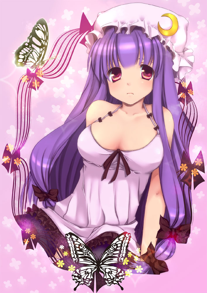 bare_shoulders blush bug butterfly collarbone crescent hat insect long_hair nanatsuki_itsuka patchouli_knowledge purple_hair red_eyes ribbon solo touhou upper_body