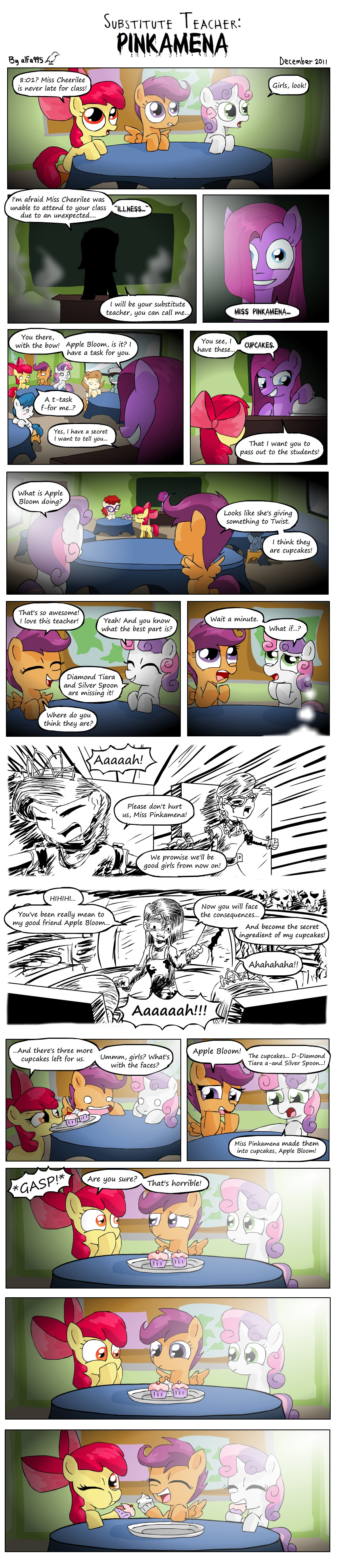 apple_bloom_(mlp) blood bound chalkboard clothing comic cupcakes cutie_mark_crusaders_(mlp) dialog dialogue diamond_tiara_(mlp) english_text equine female feral friendship_is_magic group hair horn horse human humanized inside knife long_hair mammal my_little_pony pegasus pink_hair pinkamena_(mlp) pinkie_pie_(mlp) plate pony scootaloo_(mlp) silver_spoon_(mlp) skull smile sweetie_belle_(mlp) table text unicorn wings young