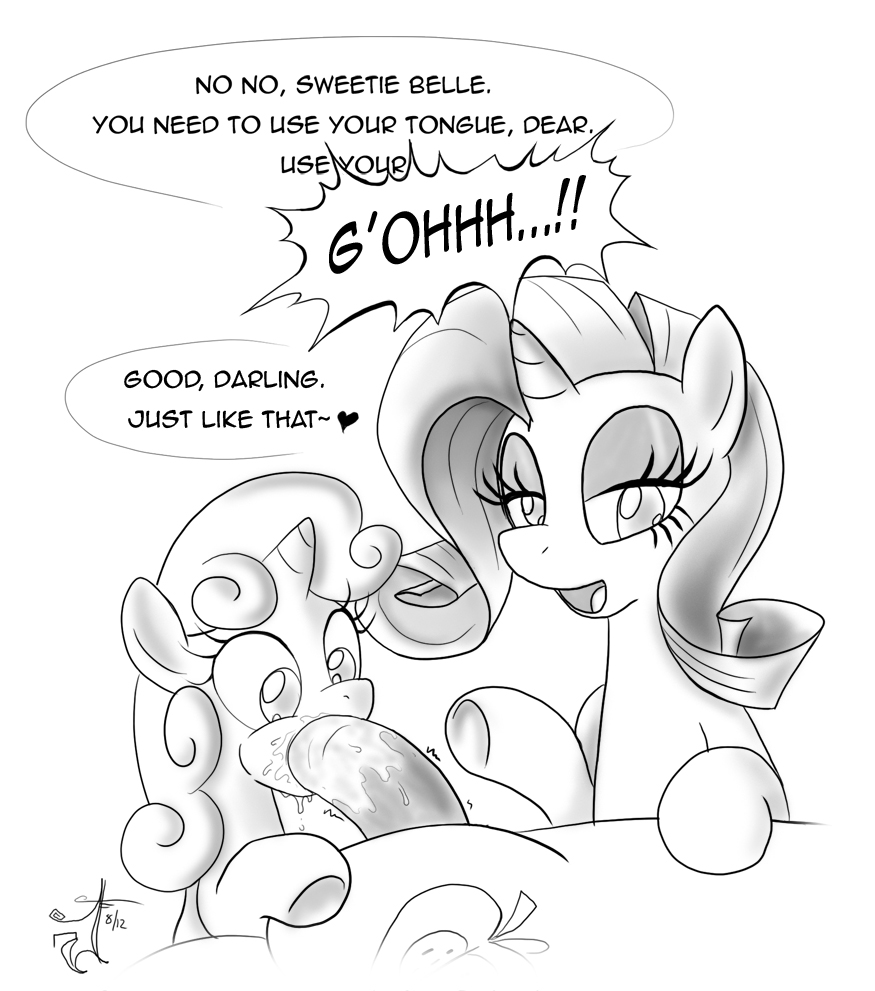 big_macintosh_(mlp) black_and_white blackmorass cub cutie_mark cutie_mark_crusaders_(mlp) dialog dialogue english_text equine erection fellatio female feral friendship_is_magic group hair horn horse horsecock male mammal melancholy monochrome my_little_pony oral oral_sex penis pony rarity_(mlp) sex straight sweetie_belle_(mlp) text unicorn young