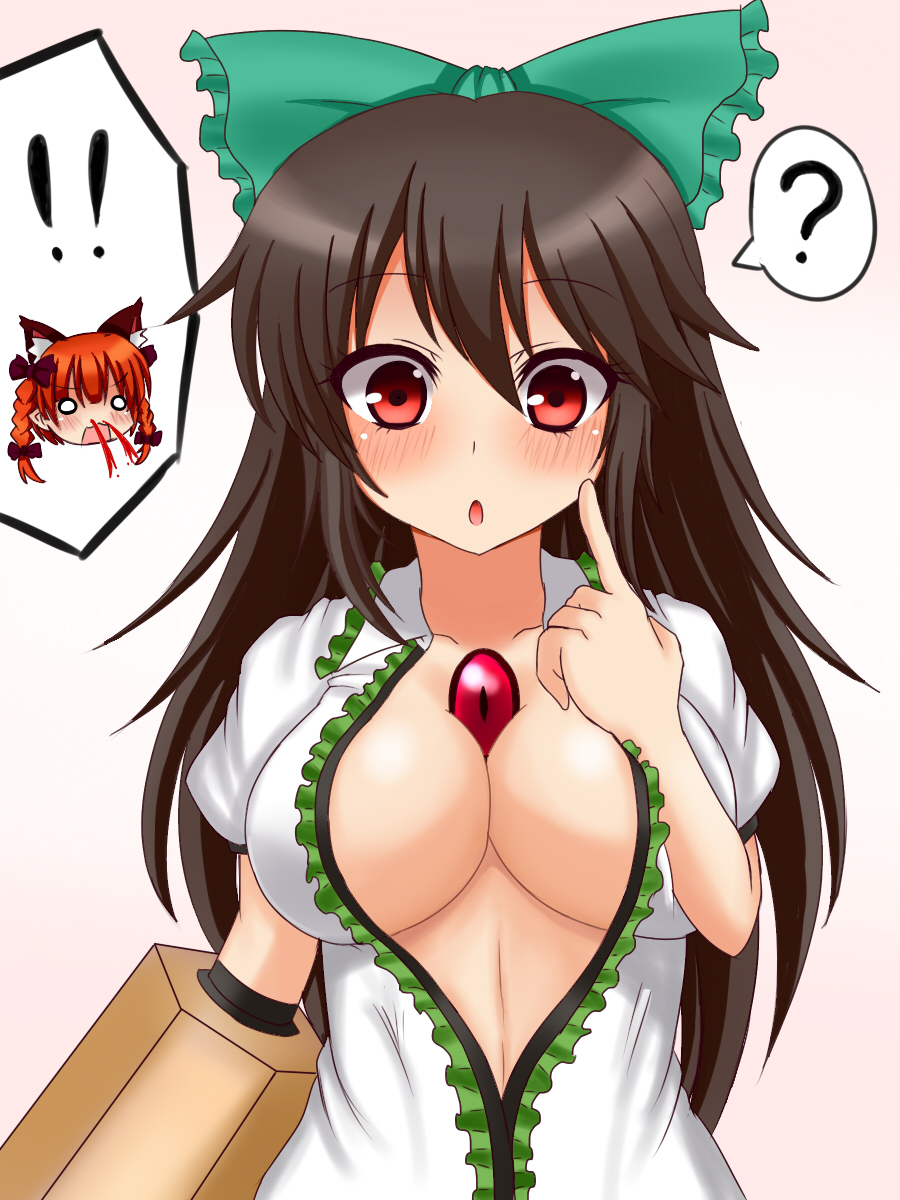 2girls ? animal_ears arm_cannon bad_anatomy bad_id bad_pixiv_id black_hair blood blush bow braid breasts cat_ears cleavage collarbone extra_ears finger_to_face hair_bow hair_ribbon haniwagi_(hal) highres kaenbyou_rin large_breasts long_hair midriff multiple_girls nosebleed o_o open_clothes open_mouth open_shirt pointy_ears red_eyes red_hair reiuji_utsuho ribbon shirt third_eye touhou twin_braids upper_body weapon