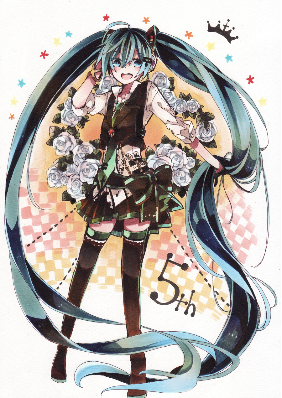 absurdly_long_hair aqua_eyes aqua_hair bad_id bad_pixiv_id cyawa full_body hatsune_miku highres long_hair looking_at_viewer necktie open_mouth smile solo thighhighs traditional_media twintails very_long_hair vocaloid zettai_ryouiki