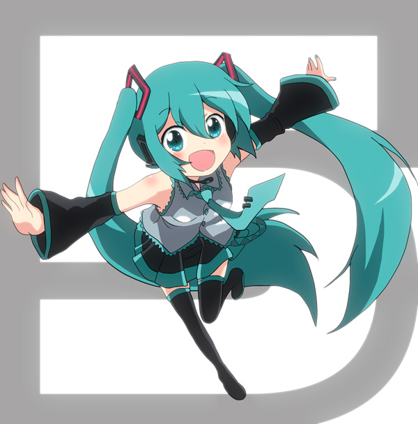 1girl :d aqua_eyes aqua_hair bare_shoulders black_thighhighs blush commentary_request detached_sleeves hatsune_miku headset long_hair massala necktie open_mouth skirt smile solo thighhighs twintails very_long_hair vocaloid