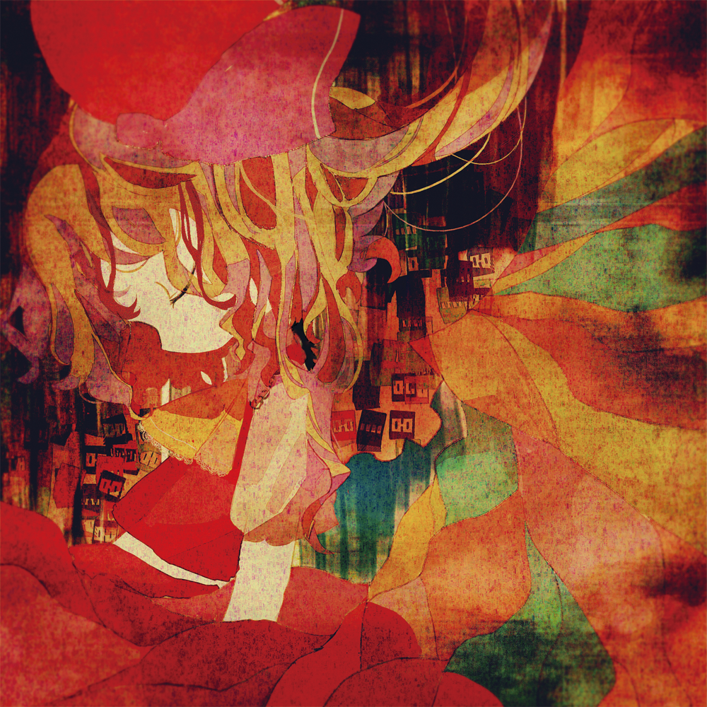 ascot bad_id bad_pixiv_id blonde_hair closed_eyes colorful faux_traditional_media flandre_scarlet from_side hat hat_ribbon ribbon short_sleeves skirt skirt_set solo tadano_shiroko touhou