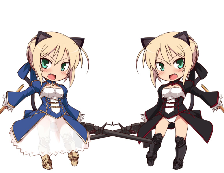 :d alternate_color animal_ears blonde_hair blush cat_ears cat_tail chibi cosplay dual_persona fang fate/extra fate_(series) greaves green_eyes gun heinrike_prinzessin_zu_sayn-wittgenstein machine_gun multiple_girls nero_claudius_(fate) nero_claudius_(fate)_(all) nero_claudius_(fate)_(cosplay) noble_witches null_(nyanpyoun) open_mouth panzerfaust smile tail weapon world_witches_series