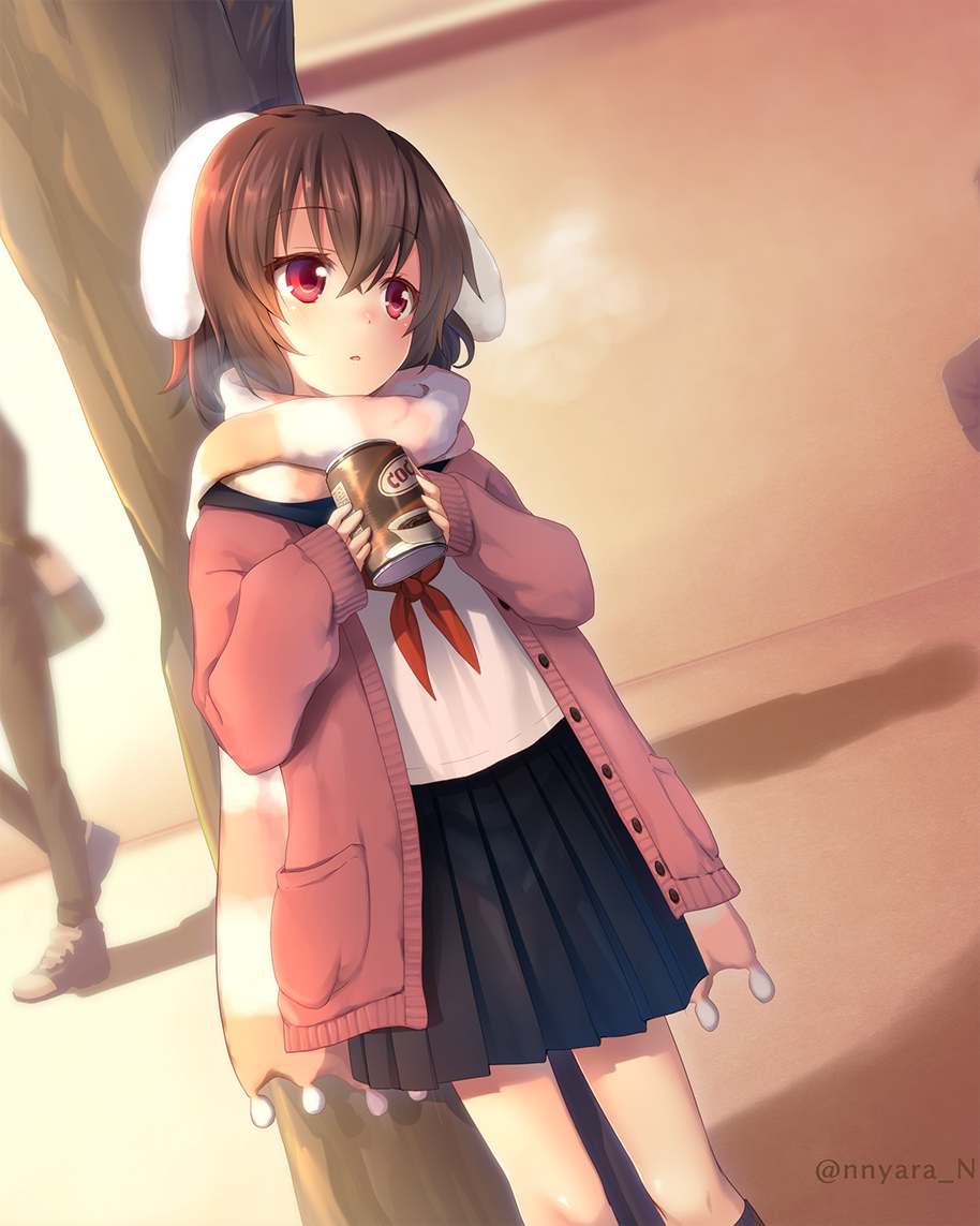 1girl alternate_costume animal_ears bangs black_skirt breath brown_hair bunny_ears buttons can cardigan contemporary dutch_angle eyebrows_visible_through_hair hair_between_eyes head_tilt holding holding_can inaba_tewi long_sleeves miniskirt neckerchief nnyara outdoors pleated_skirt red_eyes red_neckwear scarf school_uniform short_hair skirt solo standing striped touhou tree twitter_username winter