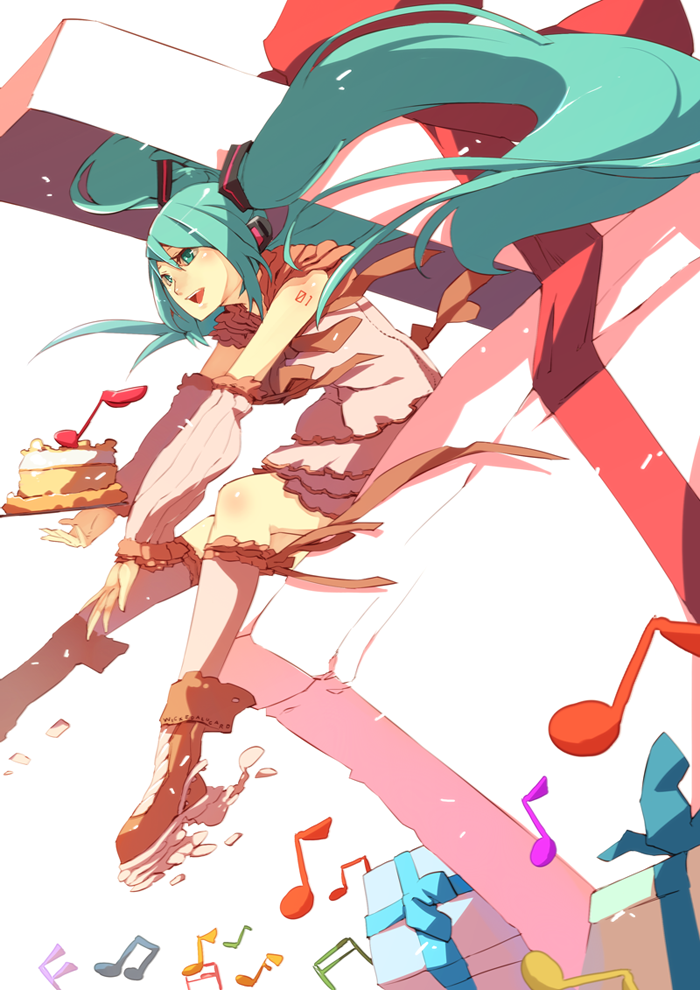 boots cake detached_sleeves food gift green_eyes green_hair hatsune_miku ian_olympia kneehighs long_hair musical_note solo twintails very_long_hair vocaloid