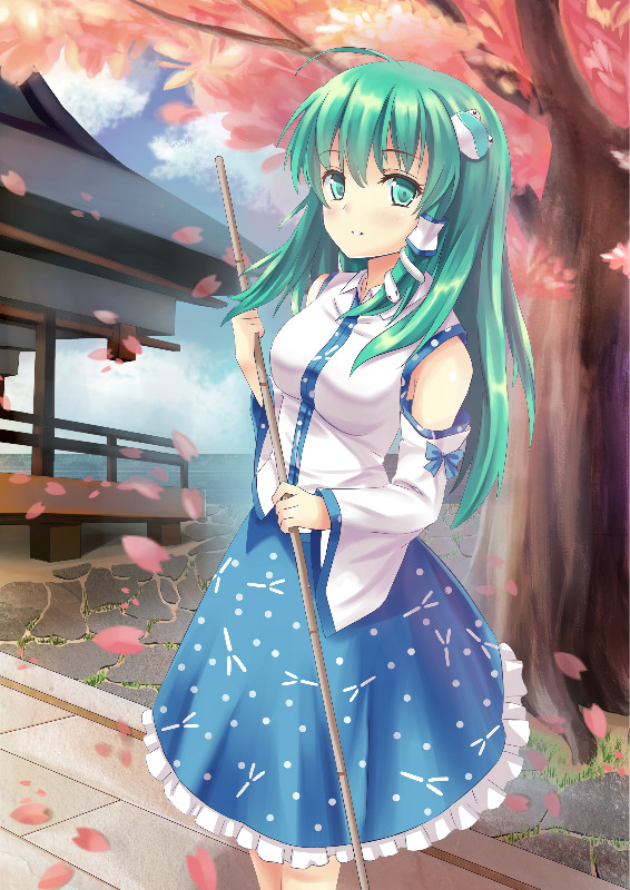 blush breasts broom cherry_blossoms cloud detached_sleeves duplicate frog_hair_ornament green_eyes green_hair hair_ornament hair_tubes kochiya_sanae long_hair medium_breasts petals shrine sky smile snake solo touhou tree wide_sleeves zi_se