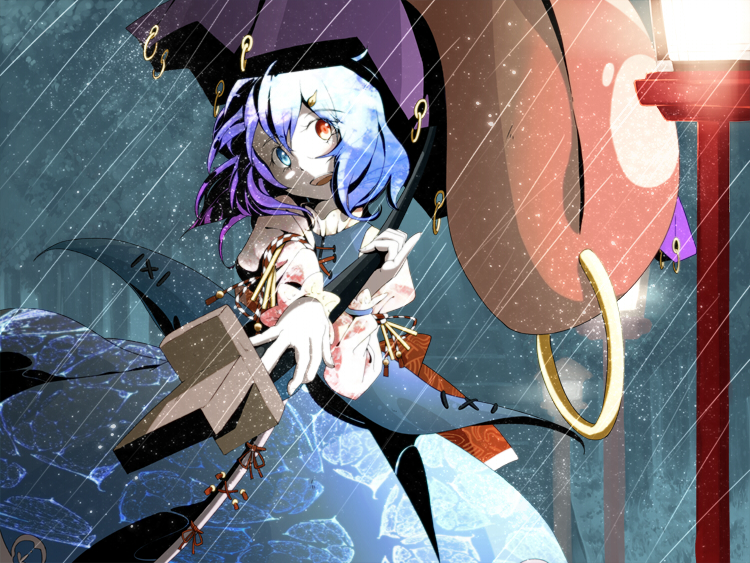 blue_eyes blue_hair embellished_costume gradient_hair heterochromia jewelry karakasa_obake long_sleeves multicolored_hair open_mouth piercing puffy_sleeves purple_hair purple_umbrella red_eyes ring ryuu_(tsukinoyuki) solo tatara_kogasa tongue tongue_piercing touhou umbrella