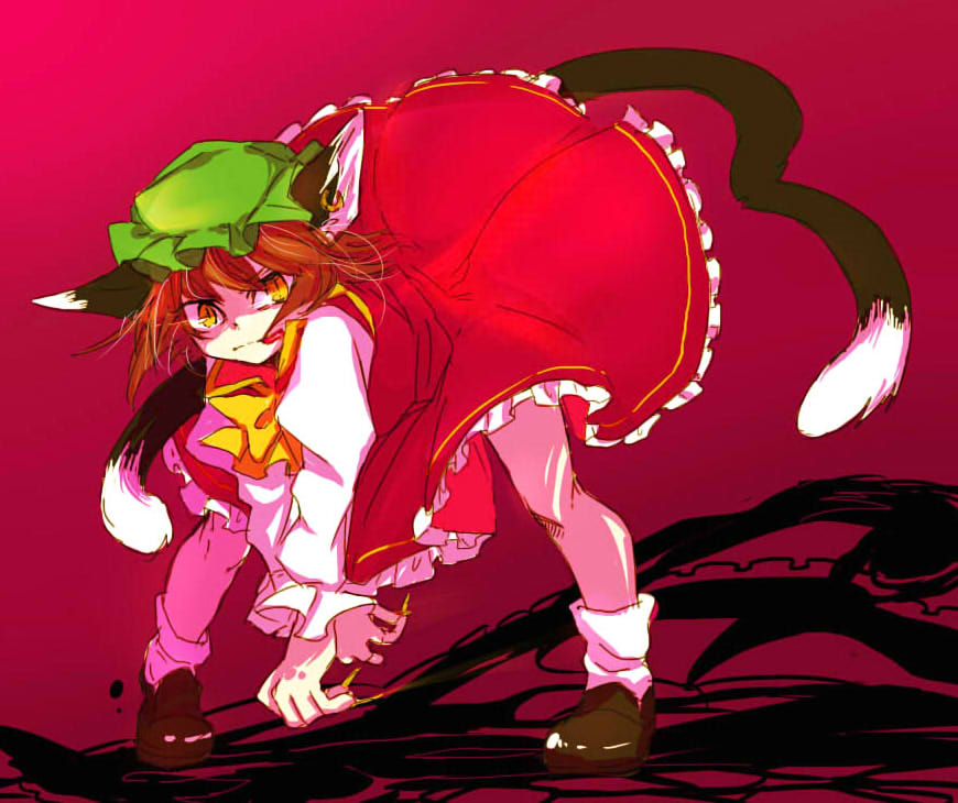 animal_ears bad_id bad_pixiv_id bow brown_hair cat_ears cat_tail chen hat long_sleeves multiple_tails puffy_sleeves shimana_(cs-ts-az) short_hair slit_pupils solo tail tongue touhou yellow_eyes