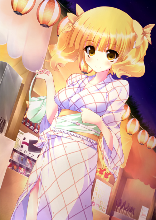 alternate_hairstyle blonde_hair blush bow breasts hair_bow hair_up japanese_clothes kimono kise_yayoi looking_at_viewer medium_breasts nekoyaso precure short_hair smile smile_precure! solo twintails