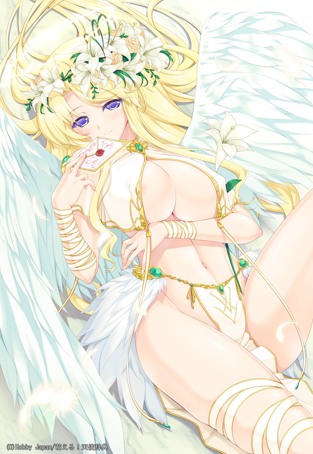 angel angel_wings areola_slip areolae blonde_hair blush breasts covered_nipples envelope feathered_wings feathers flower gabriel_(angel) gabriel_(moeru!_tenshi_jiten) head_wreath large_breasts legs letter lily_(flower) loincloth long_hair looking_at_viewer moeru!_jiten moeru!_tenshi_jiten nakano_sora navel official_art purple_eyes seductive_smile smile solo thighs wings