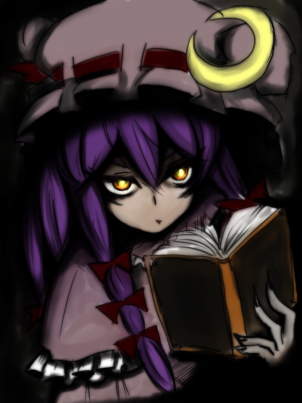1girl book crescent_moon female glowing glowing_eyes hat moon patchouli_knowledge purple_hair solo tomekami touhou yellow_eyes