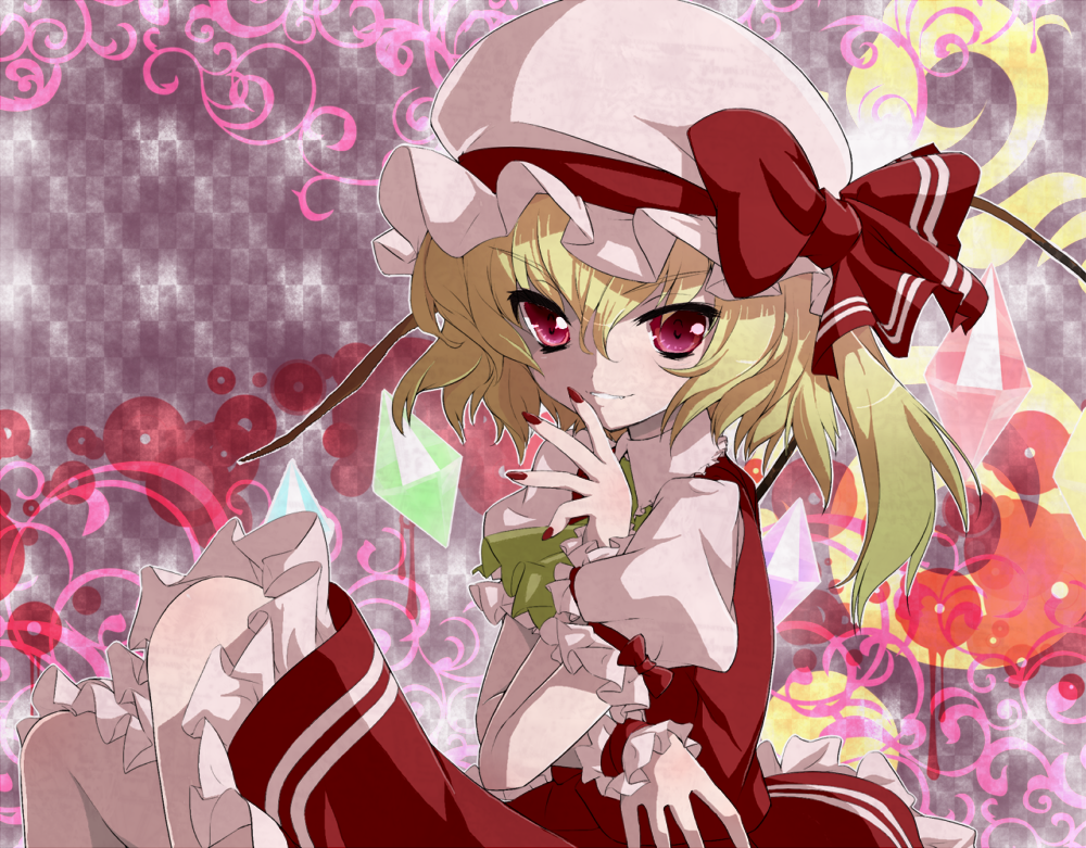 blonde_hair bow colorized crystal flandre_scarlet gotou_nao hat hat_bow one_side_up puffy_sleeves red_eyes rururu_(athletic-meet) short_sleeves smile solo touhou wings wrist_cuffs
