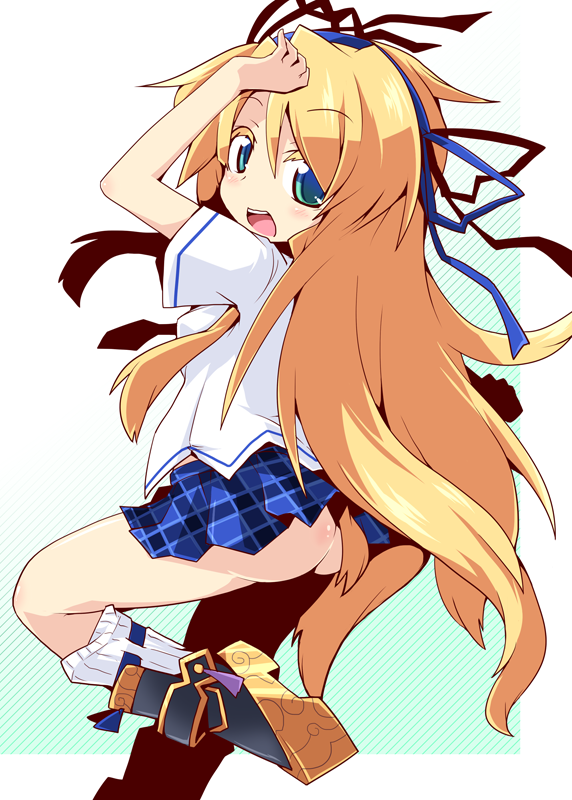 ass blonde_hair green_eyes hair_ribbon katsuragi_(senran_kagura) kneehighs long_hair no_panties plaid plaid_skirt reku ribbon senran_kagura senran_kagura_shoujo-tachi_no_shin'ei skirt smile solo very_long_hair